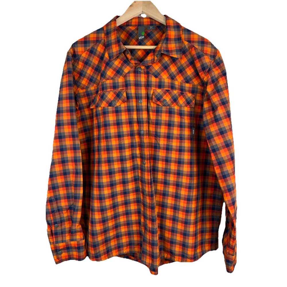 Stio Men's XL Orange Gray Nylon Long Sleeve Snap Front Outdoor Shirt